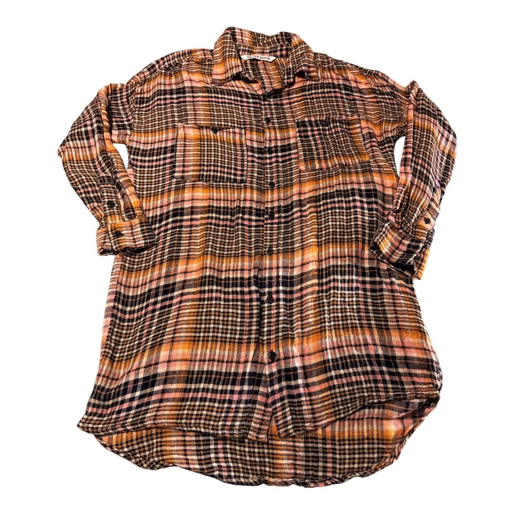 Walter Baker Womens Orange Pink Plaid Long Flannel Viscose Shirt W53406 Size L